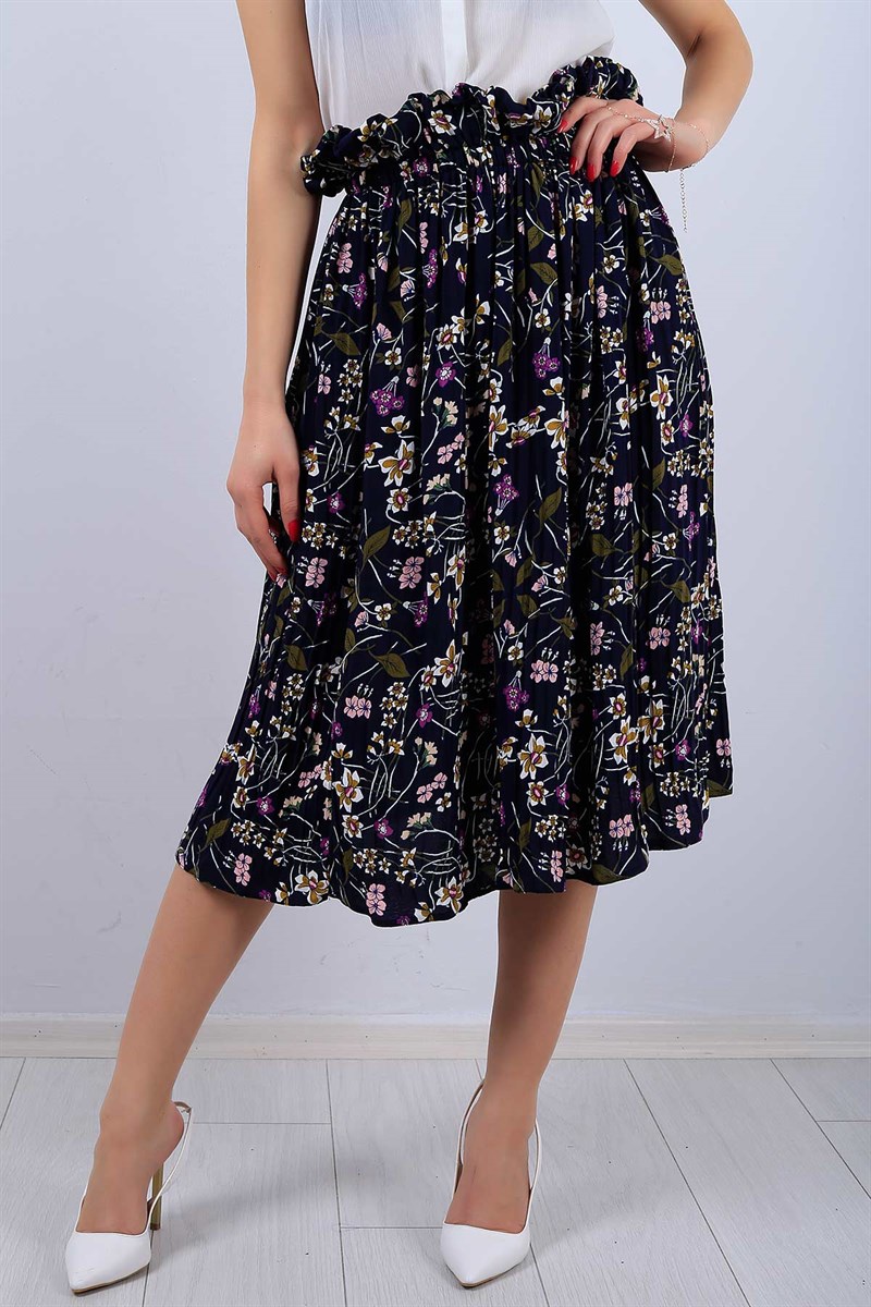 Lacivert Desenli Bayan Pileli Etek